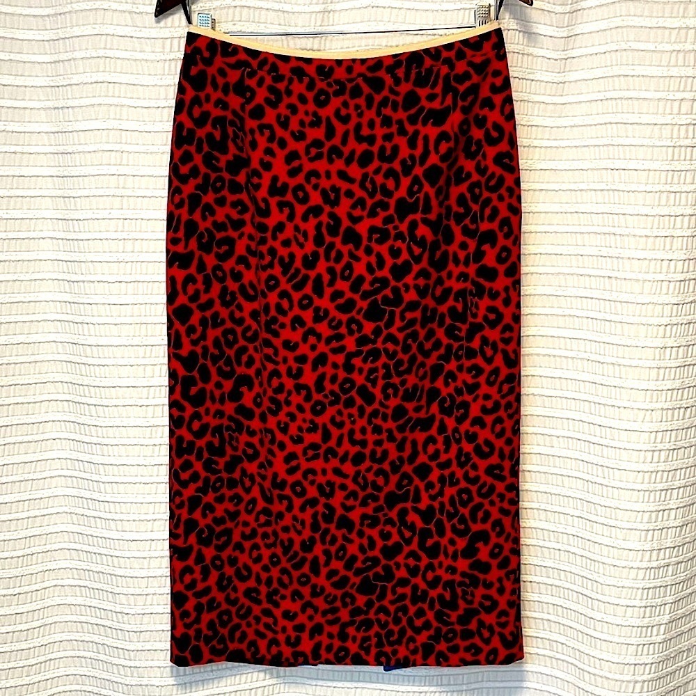 No. 21 Red Black Animal Print Pencil Midi Skirt